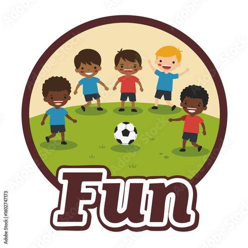 Boys Playing Soccer with Ball and ‘Fun’ Badge Flat Icon