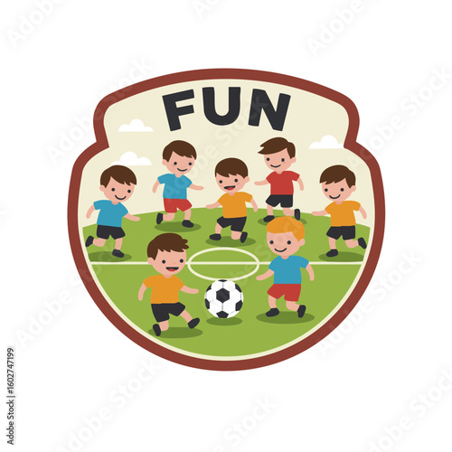 Boys Playing Soccer with Ball and ‘Fun’ Badge Flat Icon
