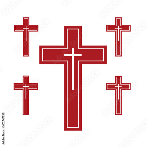 Five maroon crosses with white outlines arranged with a larger central cross
