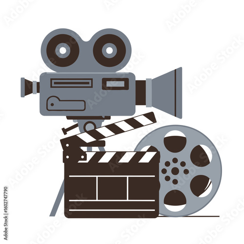Vintage Film Camera Clapperboard and Film Reel Illustration