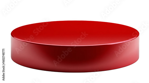 Red podium stage offers a minimalist design element for product showcases and presentations with a clean, sleek, and modern aesthetic.