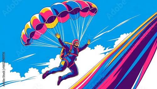 Skydiver in Colorful Flight: A skydiver gracefully descends from the sky with a vibrant, multicolored parachute, exuding a feeling of thrill and freedom against a bright blue sky. Generative AI
