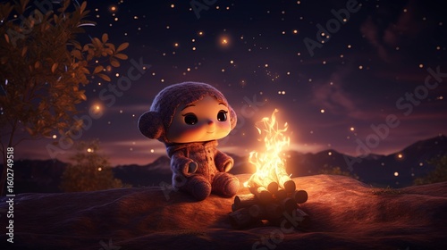 Animated plush toy by a campfire under a starry night sky.