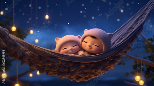 Animated child relaxing in a hammock at night under a starry sky with a glowing moon