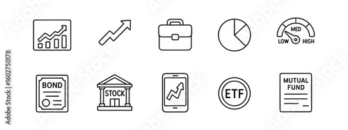 Vector line icons for finance and investment: ETF, stock chart, bond, ROI, wealth planning