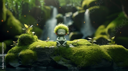 A photo of a 3D character meditating on a moss-cover