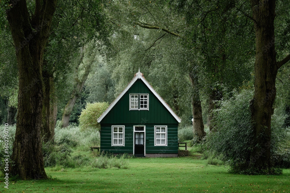 Fototapeta premium Quaint green house nestled in a dense forest. Lush greenery surrounds a small, painted wooden home