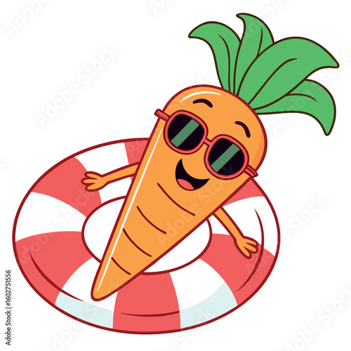 Smiling carrot character with sunglasses enjoys swimming in a red and white floater