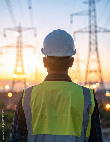 A male engineer in a safety vest and helmet observes power lines at dusk, emphasizing infrastructure and energy management.	