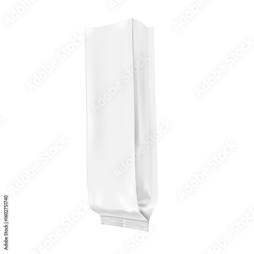 Open long narrow empty coffee bag isolated on white background. Realistic 3d vector mockup. Blank food snack side gusseted pouch grocery package. Mockup. Template for design