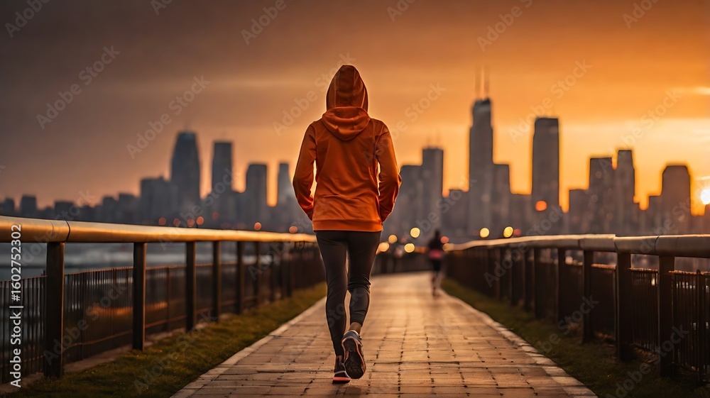 Fototapeta premium A woman jogging alone at sunset, facing the glowing city skyline 