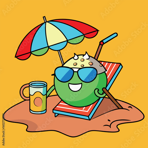 Smiling coconut cartoon with sunglasses relaxes on beach chair with drink 
