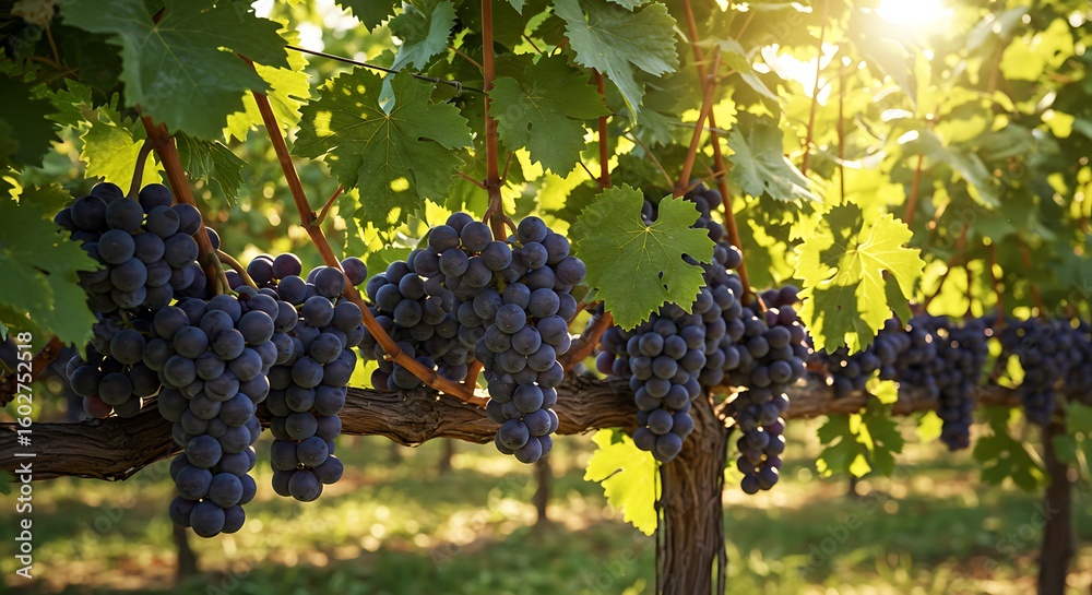 Fototapeta premium Dark Purple Grapes Growing on Vine in Vineyard Sunlight
