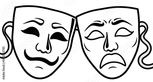 theater mask silhouette, comedy and tragedy vector, theater design, mask illustration, acting icon, performance vector, dramatic illustration, theater logo, drama clipart, classical theater symbol, ma