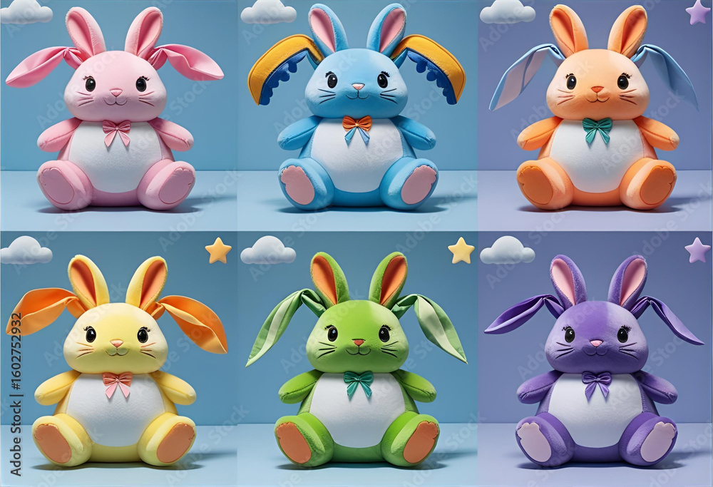 Obraz premium Colorful Bunny Companions: A delightful assortment of six plush bunny toys, each in a vibrant hue, evokes a sense of childlike wonder and playful energy. Perfect for various applications.