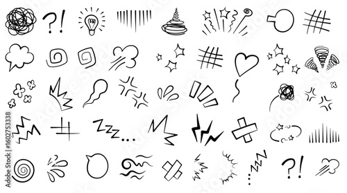 Collection of hand drawn comic book sound effects and action lines isolated on transparent background