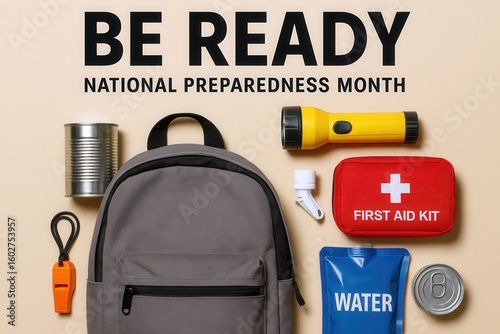 Emergency preparedness kit with backpack, first aid, water, flashlight, and canned food. National Preparedness Month