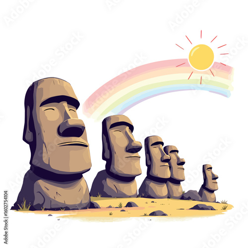 Vsai moai statues enjoying rainbow over easter island in cartoon style