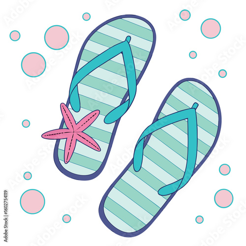 Striped flip flops with a pink starfish and circular bubbles float 