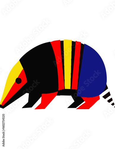 Stylized armadillo illustration with geometric shapes and primary colors. Modern abstract wildlife graphic design concept.