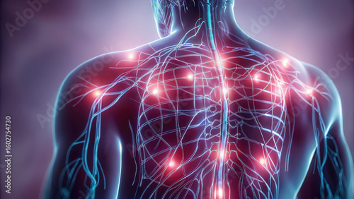 Neurological symptoms of numbness and tingling concept. Illuminated illustration of the human nervous system anatomy.