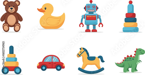 Adorable collection of classic children's toys featuring a teddy bear, duck, robot, car, and dinosaur