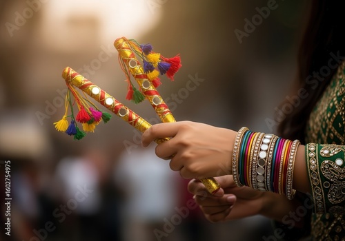 Woman’s hands holding decorative dandiya sticks for Navratri Garba dance celebration