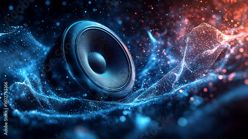 Vibrating audio speaker with glowing blue waveforms, symbolizing powerful sound quality, music production tools, and hi-fi audio performance