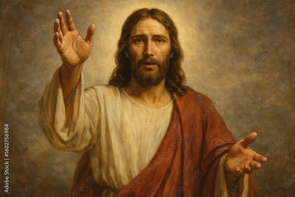 Naklejka premium Classic painting-style depiction of Jesus Christ with open arms and warm light halo