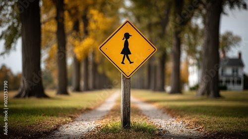 School crossing sign with a child silhouette and a background of trees and a sidewalk path