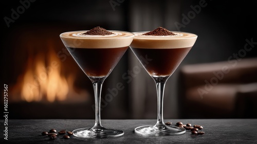 Mid-toast with espresso martinis in a stylish indoor lounge, ideal for nightlife or date night themes