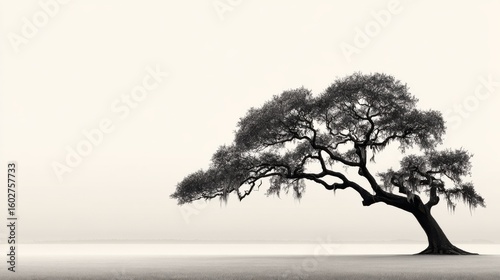 Simple oak tree silhouette with sprawling branches, set against a soft gradient sky background