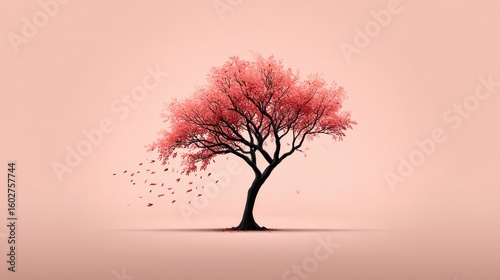 Simple tree silhouette with a few scattered leaves falling, set on a soft pastel backdrop