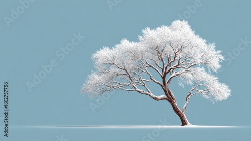 Simple winter tree silhouette with snow on branches, isolated on a cool blue background