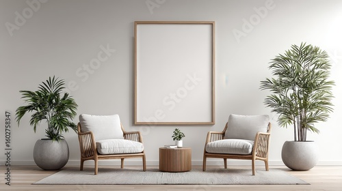 Stylish coworking space with an empty wall art frame mockup beside potted plants and ergonomic chairs