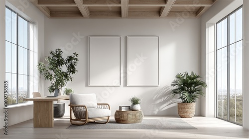 Stylish office with blank wall art mockup illuminated by natural sunlight from large windows