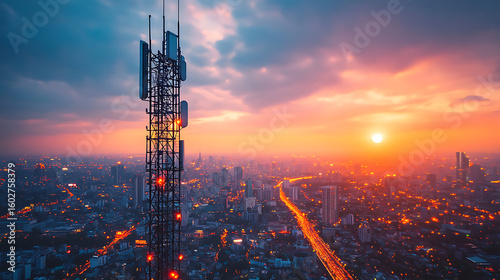 Telecommunication towers in smart city background exchanging data signals, visualizing digital infrastructure, wireless networks, and real-time urban connectivity