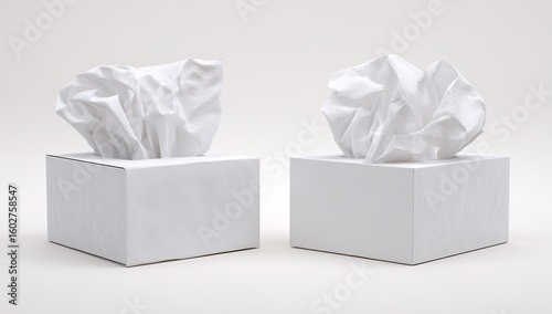 Two white tissue boxes, crumpled tissues