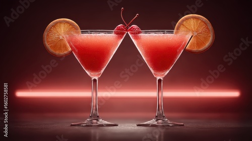 Vibrant cocktail glasses mid-cheers against neon bar lights, capturing the energy of nightlife
