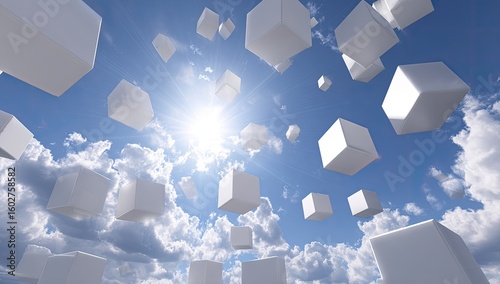 White cubes float in a vibrant blue sky, scattered among puffy white clouds, sunlight brightens the scene
