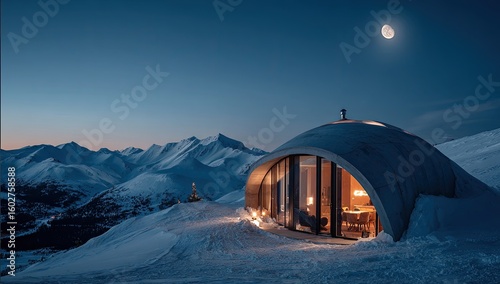 Mountaintop dome home at night