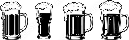 Vector art of a collection of four black and white illustrations of beer mugs and glasses filled with dark beer and topped with frothy foam