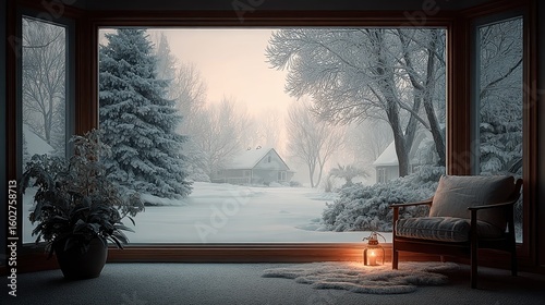 Window view from inside a home looking out at softly falling snow on a peaceful Christmas Eve night