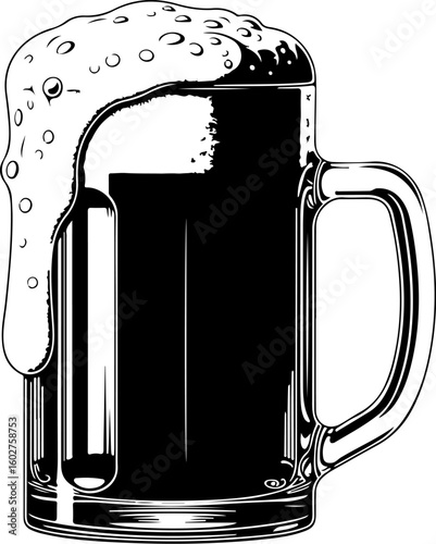 Vector art of a black and white illustration of a tall glass mug filled with dark beer and overflowing with frothy foam