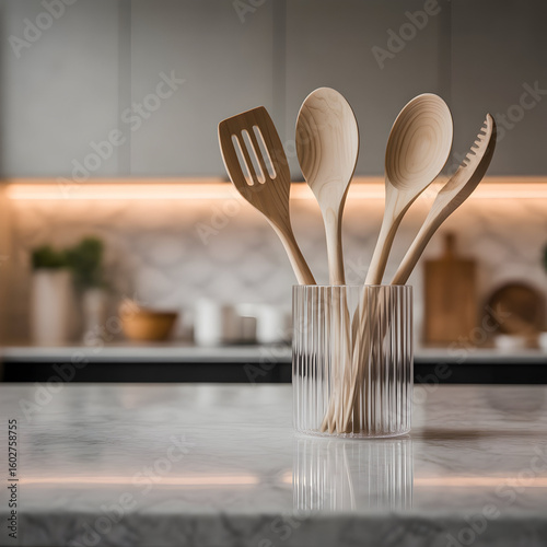Wooden kitchen utensils in transparent container