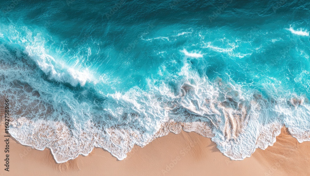 Fototapeta premium Aerial view of turquoise waves crashing on a beige beach