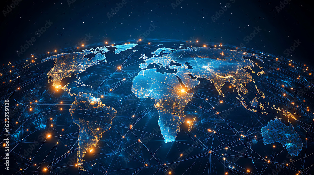 Obraz premium Global trade and transportation map with cargo container ships and maritime routes, representing international logistics partnerships and freight services
