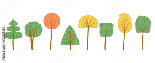 Set of retro trees made with crumpled, torn paper and cardboard textures. Freehand cut shapes for school, kindergarten, or ecology sticker signs. Organic autumn lawn elements. Vector illustration