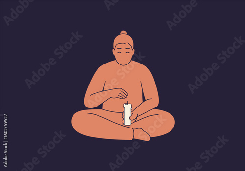 A minimalist illustration depicting a person in a meditative pose, holding a lit candle with a serene expression.