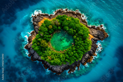 Tropical Circular Island Surrounded by Turquoise Waters – Aerial Nature View Highlighting Forest and Lagoon